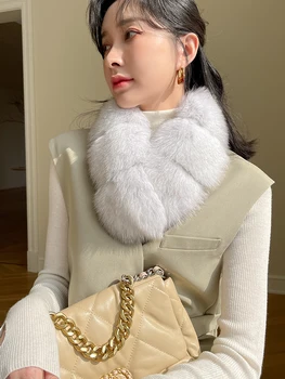 Шарф из натурального лисьего меха для женщин, зимний меховой воротник, плюшевые обертывания для шеи, теплый шарф для женщин